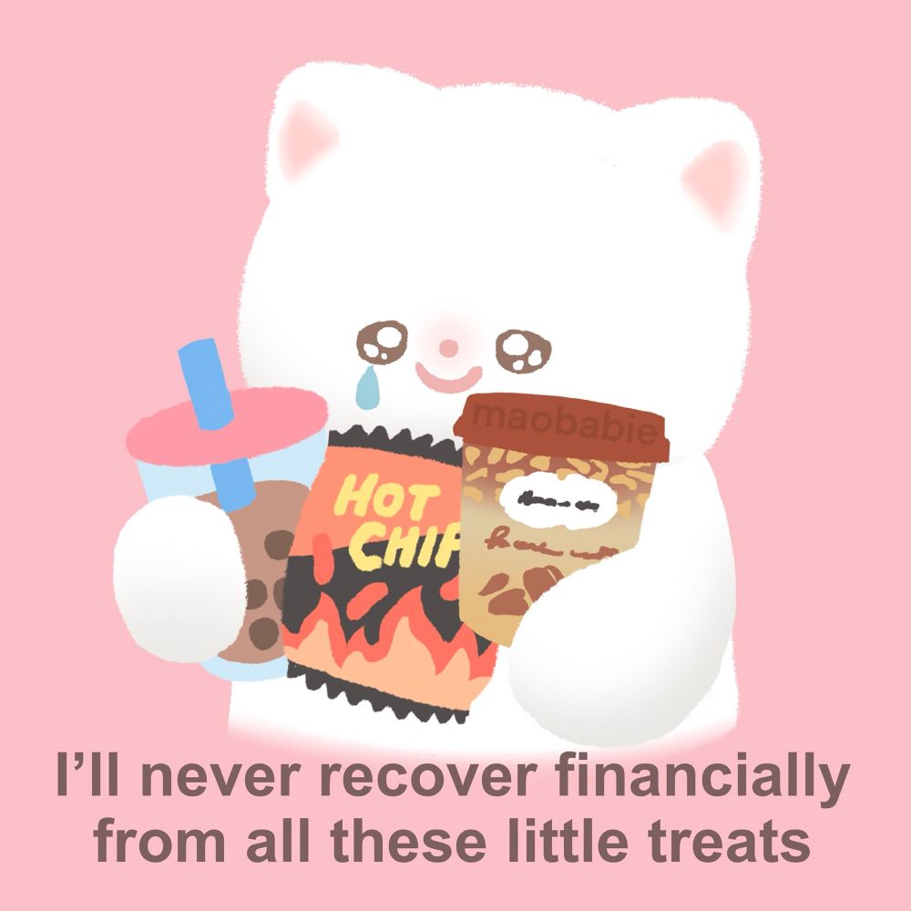 An illustration of a crying white cat holding boba, a bag of hot chips, and a pint of ice cream. Caption reads “I’ll never recover financially from all these little treats”