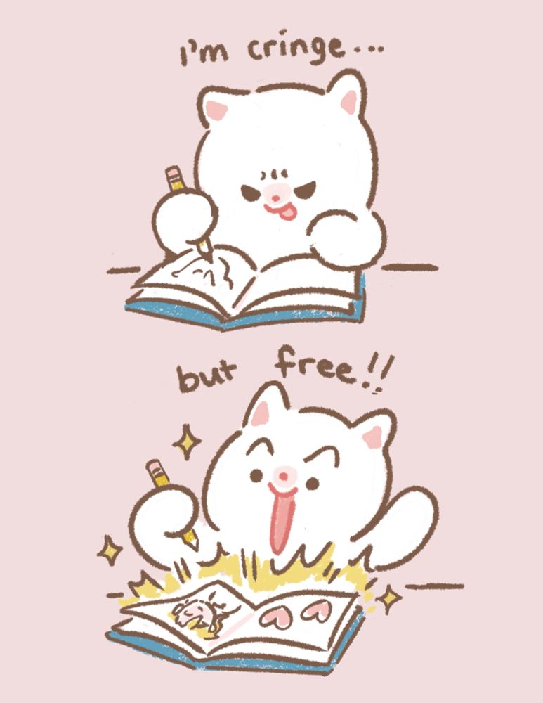 A drawing with two panels. Top panel shows a white cartoon date focusing on drawing in their sketch book. The bottom panel shows the cat feeling euphoric, haven drawn something in their book! The caption reads “I’m cringe… but free!” 
