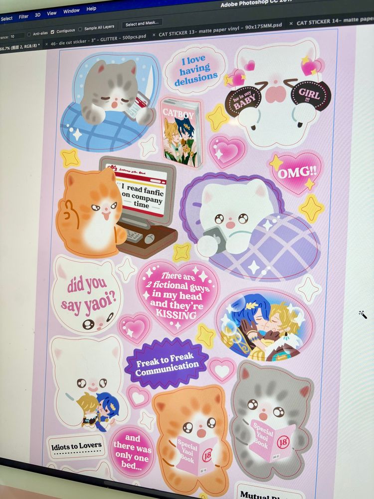 Photo of my screen showing a new sticker sheet im making inspired by fandom and fanfic 
