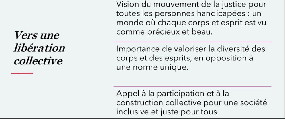 Vers une libération collective
Vision du mouvement de la justice pour toutes les personnes handicapées : un monde où chaque corps et esprit est vu comme précieux et beau.

Importance de valoriser la diversité des corps et des esprits, en opposition à une norme unique.

Appel à la participation et à la construction collective pour une société inclusive et juste pour tous.