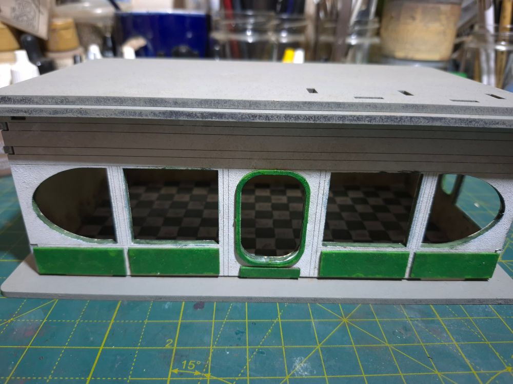 28mm MDF diner kit partially assembled and basecoated white with some green panels