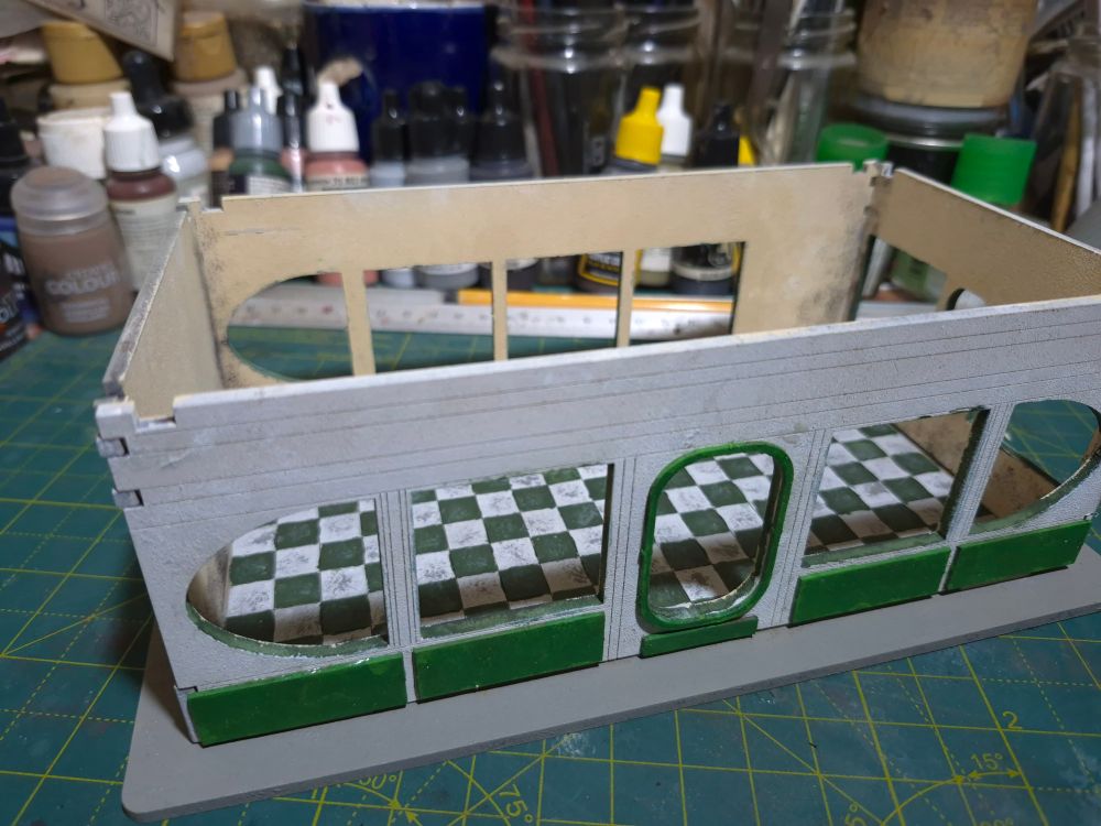 28mm MDF diner kit partially assembled and basecoated white with some green panels
