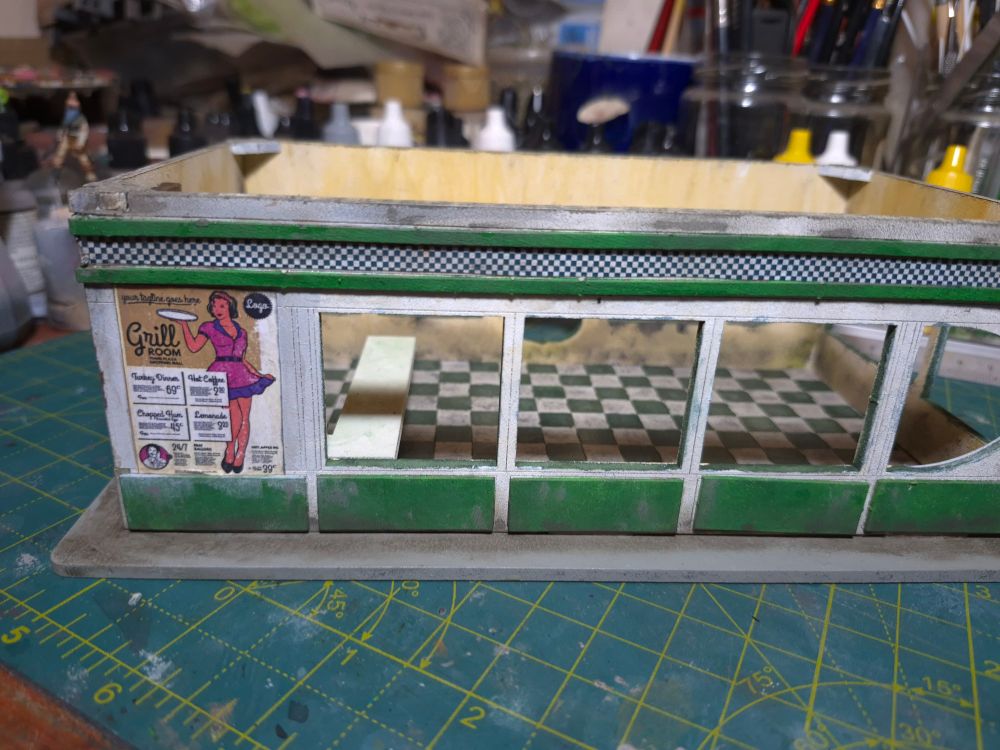 28mm scale miniature diner, painted white and green
