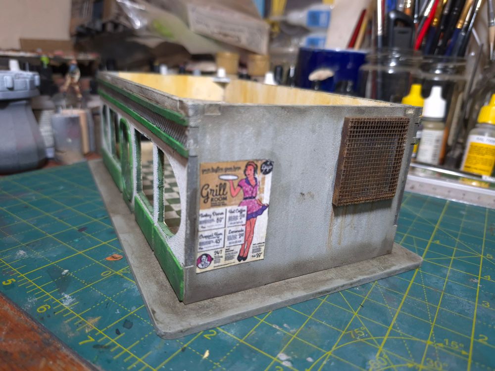 28mm scale miniature diner, painted white and green