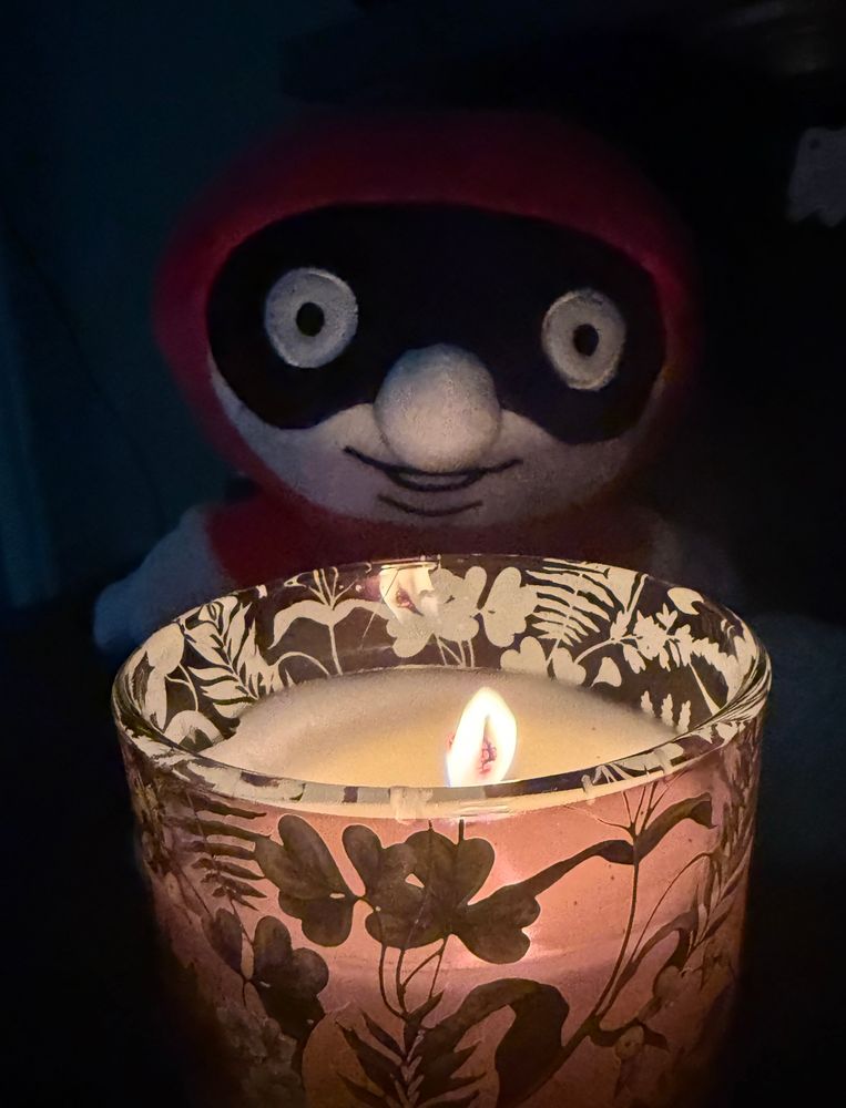 Pilot plush from UFO 50 next to a large candle in the dark 