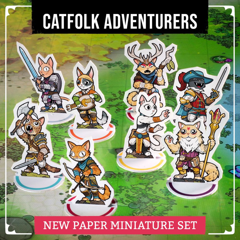 Paper miniatures of a group of catfolk adventurers