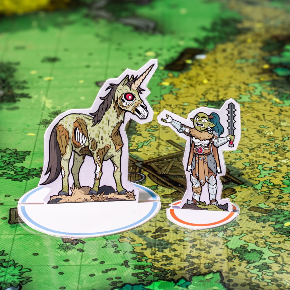 Paper miniature of a undead unicorn and a halforcish paladin