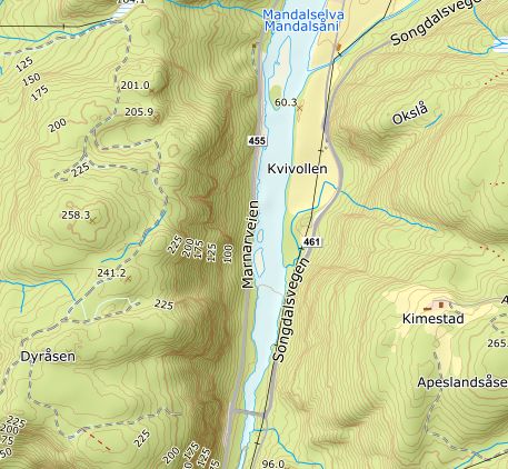 Kart over del av Mandalselva der vegen på vestsida av elva heiter Marnarveien.