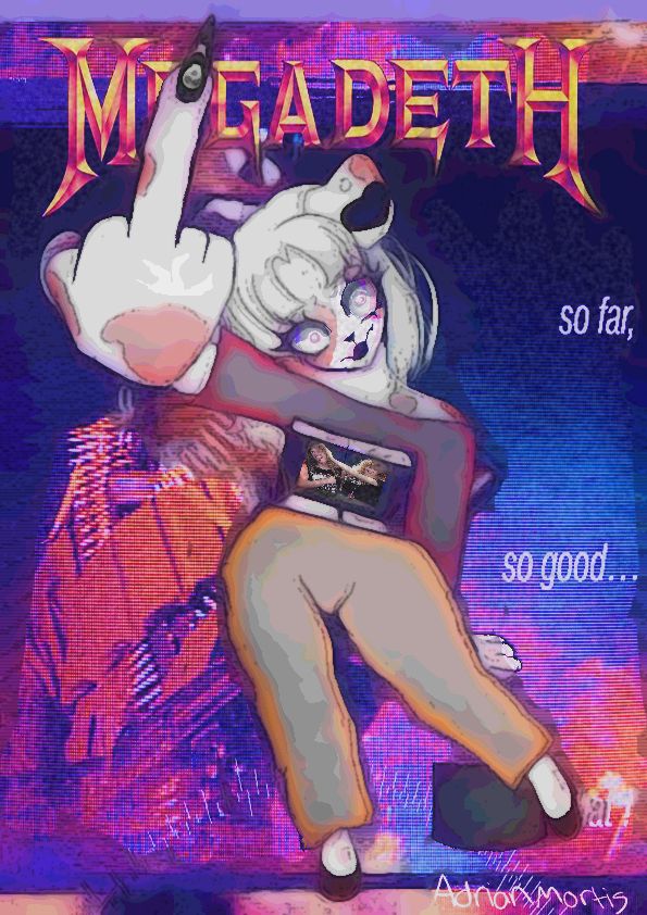 A digital drawing that I made of my OC which is a puppyboy with grey hair. The're sticking up a middle finger, standing in front of the cover art for the album So Far So good So what, by Megadeth. They are obssessed with Megadeth uwu. It's very vibrant.
