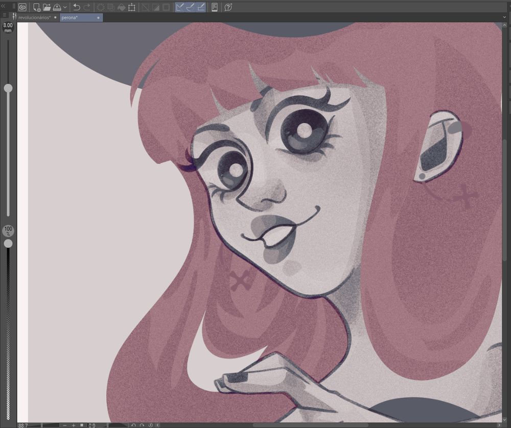 print da tela do clipstudio. Ilustração digital do busto da perona de one piece, ela esta com o queixo levemente levantado e olha para o observador.