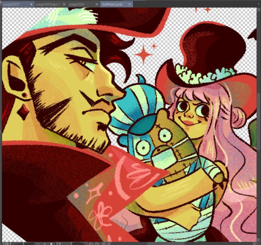 Print screen da tela do clipstudio com uma ilustração digital na tela. Na ilustração há o Dracule mihawk de one piece, ele esta de perfil e olha com desdém para o observador. Atrás dele está Perona, sorrindo e segurando uma pelúcia do Kumashi. Eles foram pintados com tons quentes e esverdeados. Não há fundo pintado na obra, aparecendo apenas o padrão de transparência padrão do clipstudio.