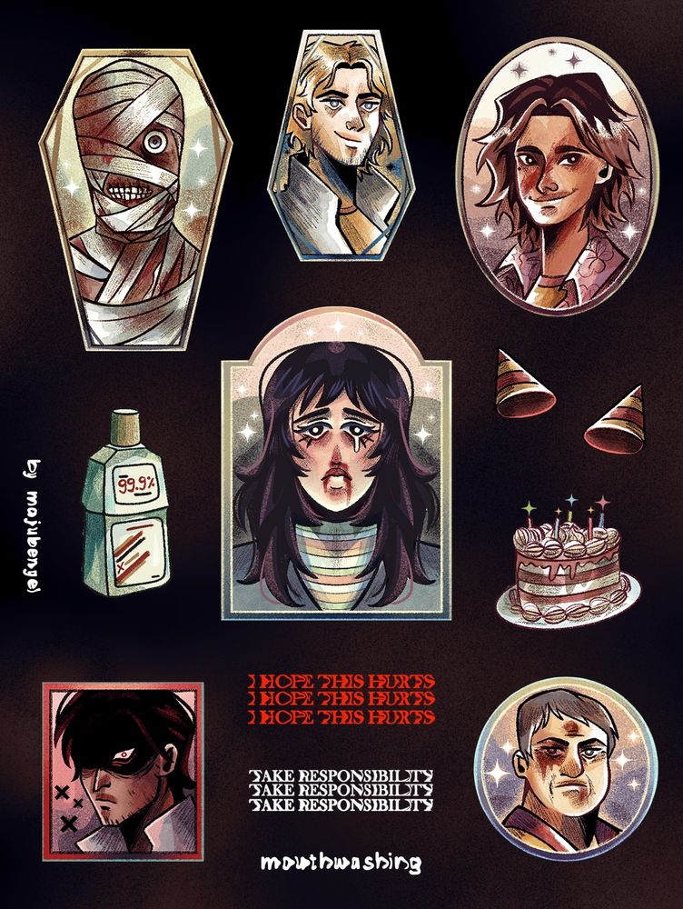 cartela de adesivos com os personagens de mouthwashing