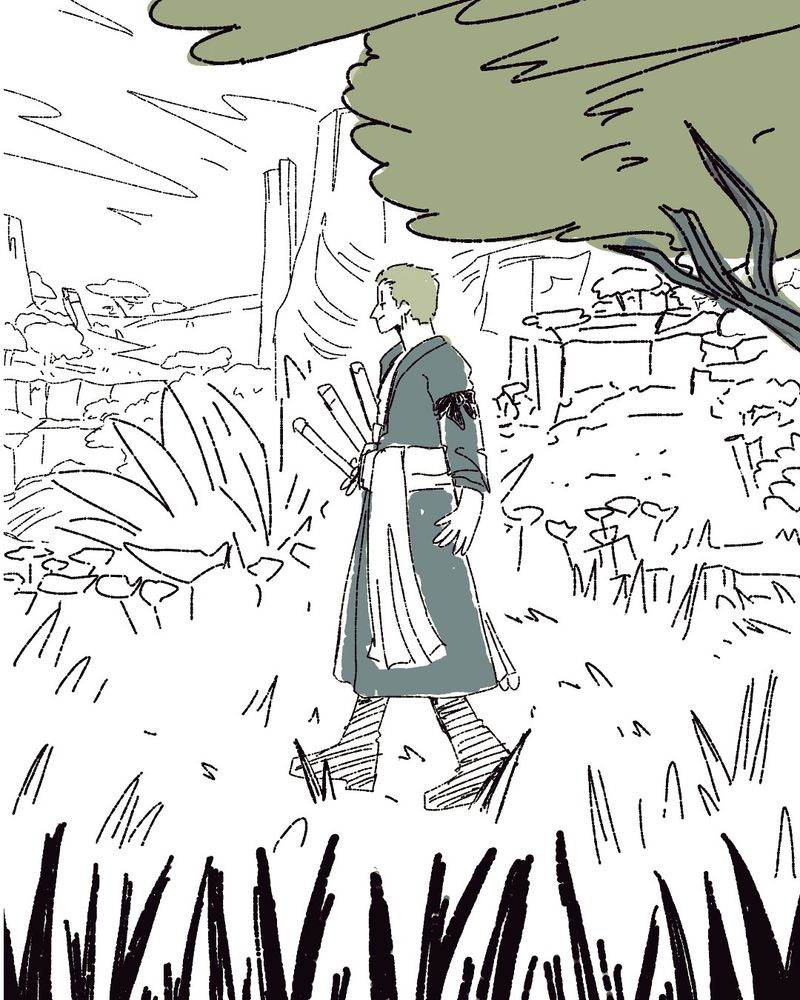 Digital illustration. Zoro, from one piece, is walking around an open forest. Behind him there is a canyon.