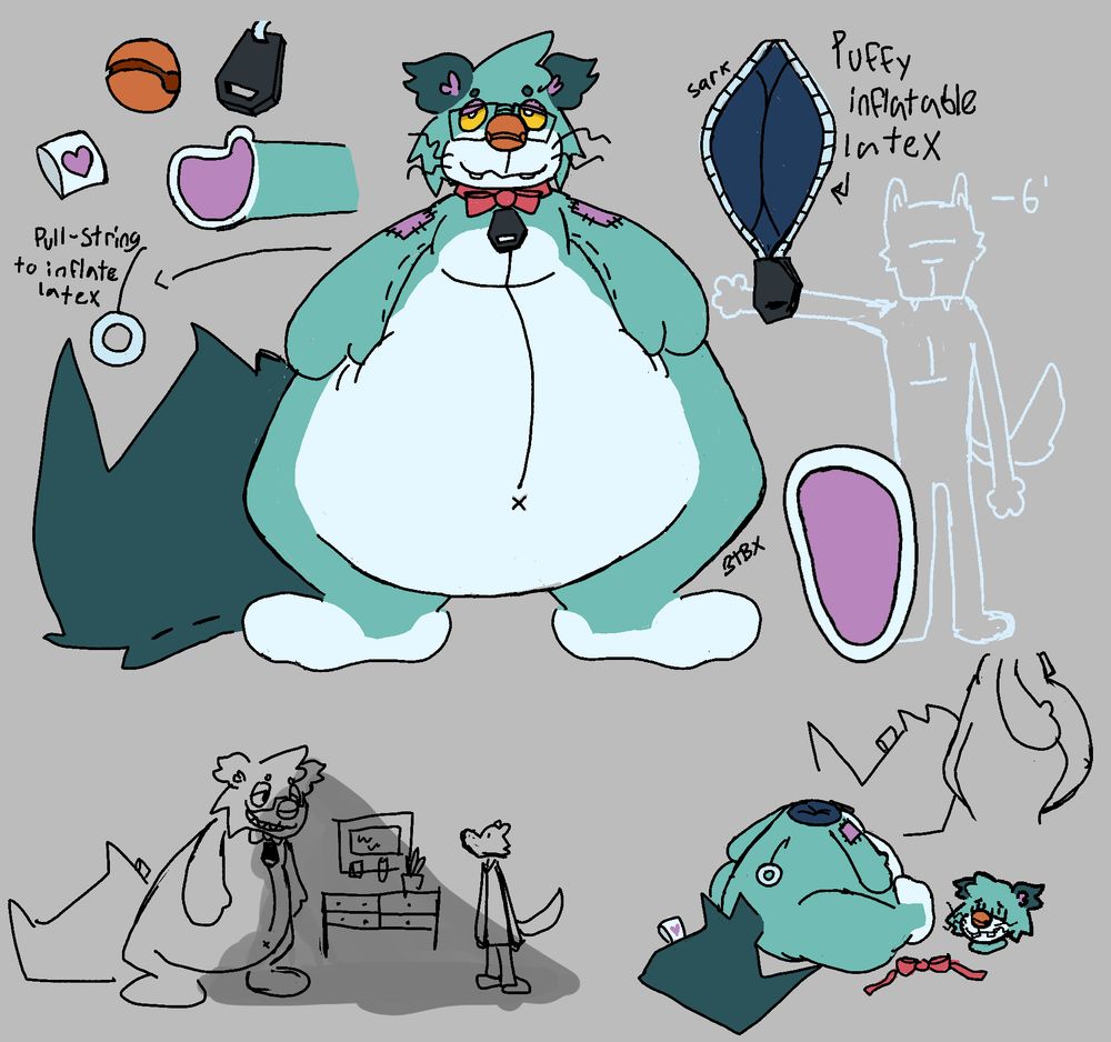 reference sheet for a large plushsuit with an inflatable latex stomach. Text reads: "Pull-string to inflate latex", and "puffy inflatable latex" while pointing to the interior through the zipper, and a 6-foot height marker for a blank stand-in character for height comparison sake