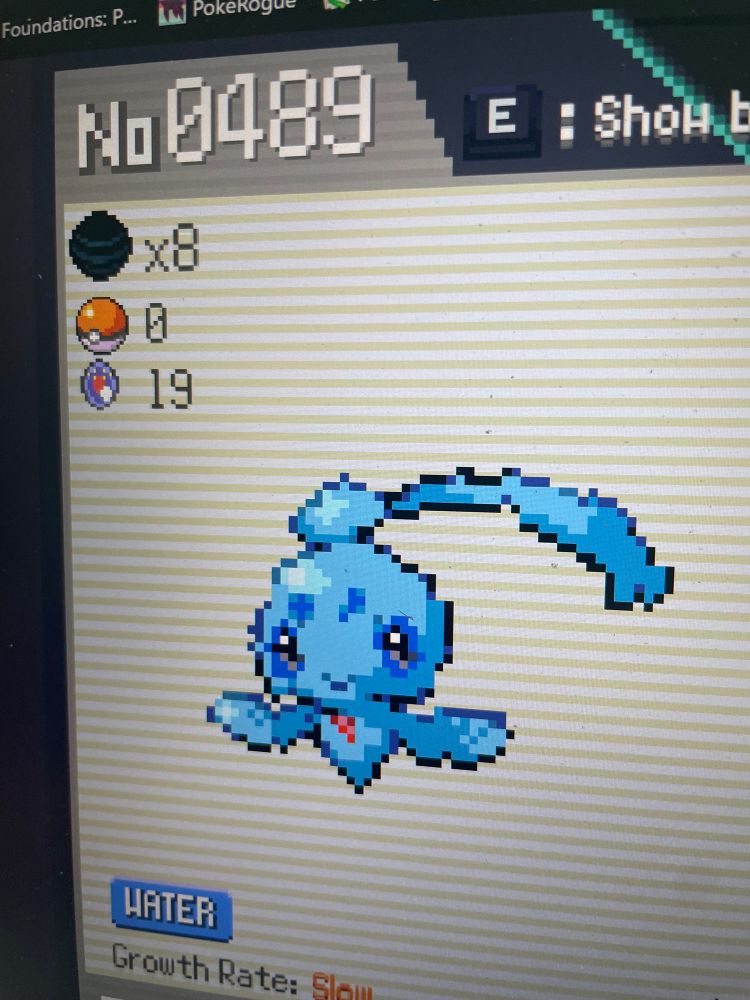 Phione PokéRogue page showing 19 eggs hatched