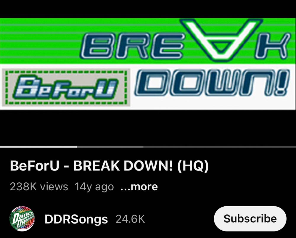 YouTube screenshot of song BREAKDOWN by “BeForU” posted by DDRSongs