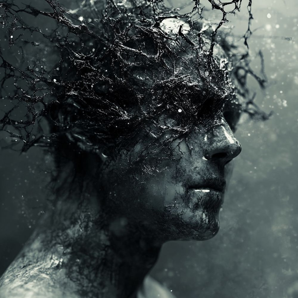 An abstract representation of melancholy. S man in black & white with face fracturing up and to the left