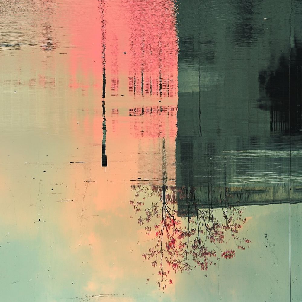 A reflection of a tree on a rooftop as seen through a puddle.