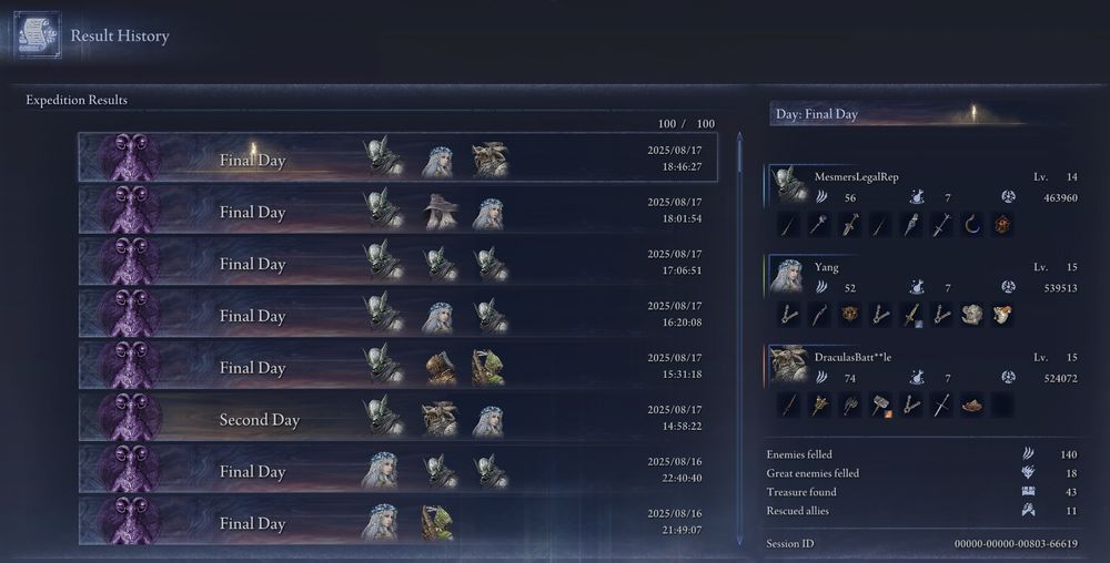A screenshot of Nightreign expedition results. Of 8 visible matches, 7 failed, and the 8th is a victory. The teammates are a Wylder named MesmersLegalRep (me), Yang (Revenant), and DraculasBatt**le (Raider)