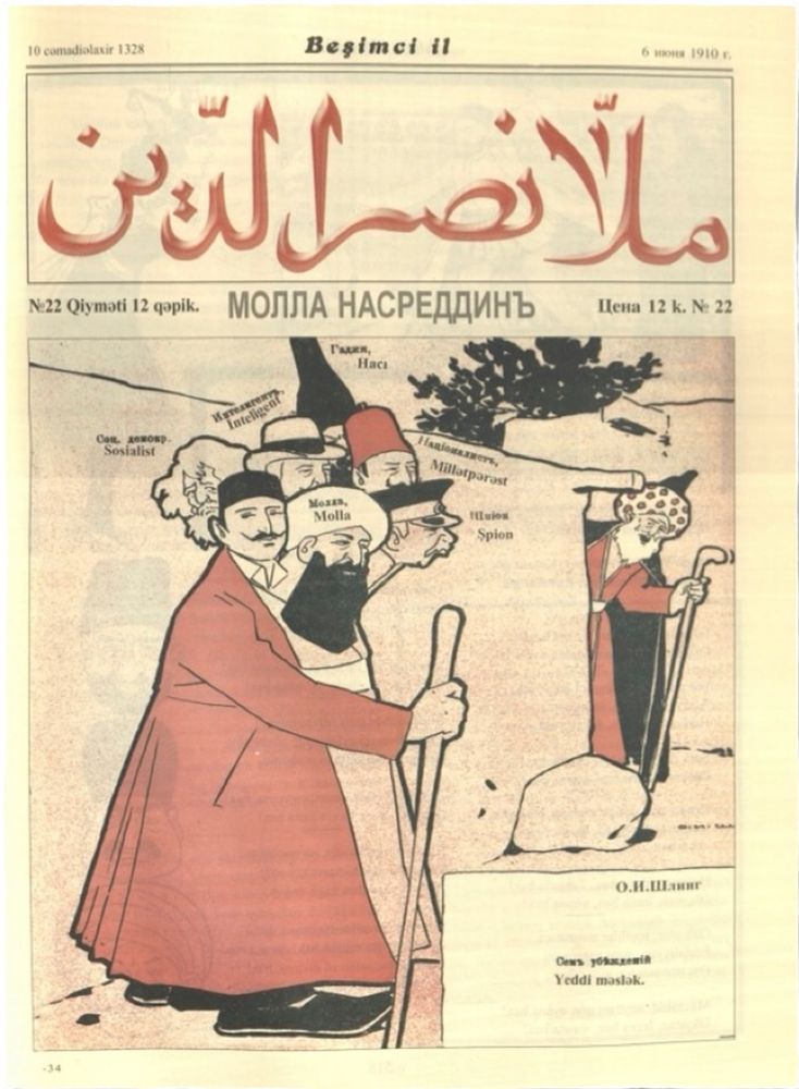Cover illustration, “Seven Occupations,” Molla Nasraddin, 6 June 1910. Illustrator: Oscar Schmerling. Image reproduced by Çınar-Çap Nəşriyyatı (vol. 3, 2005).