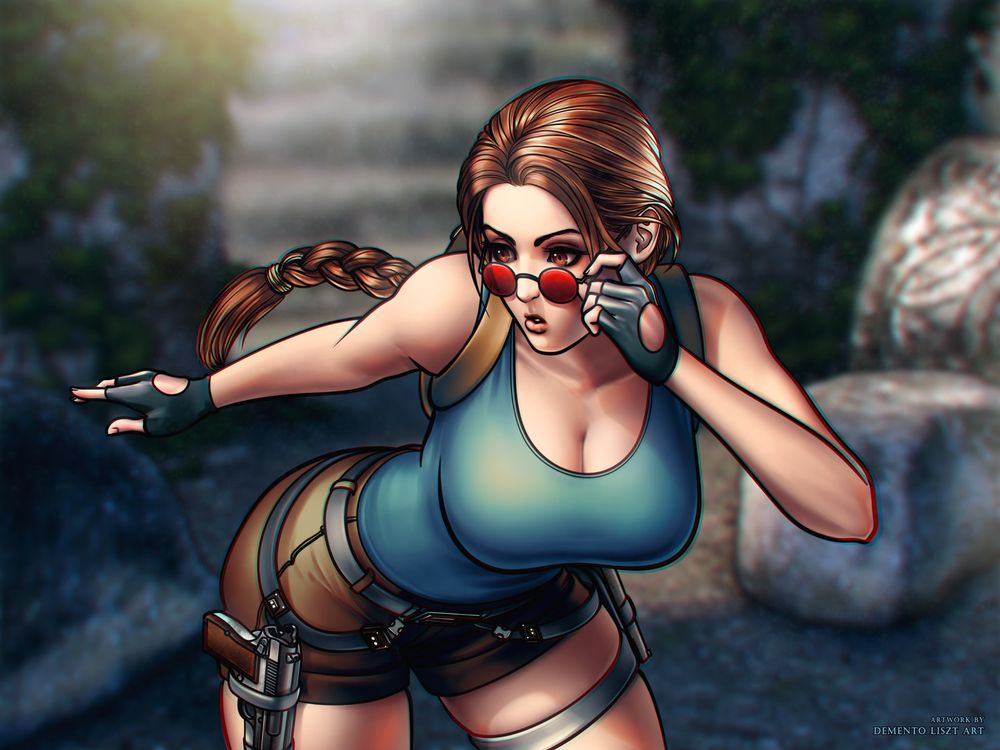 Fanart illustration of Tomb Raider II, depicting the main protagonist Lara Croft in her classic PS1 attire. Lara is leaning forward and moving her red shades away a little in order to properly calculate the height of an out of screen waterfall in front of her. Background consists of antique ruins and slight vegetation, all lit by a heavenly warm sunlight coming from above.