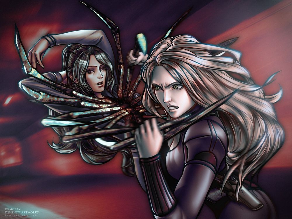 Illustration inspired by the Resident Evil universe featuring Original Characters by Ginny (ginnyjuniper.bsky.social) and company.

It depicts Joanna M. Polar, a former US soldier turned assassin posing with certain grace while a group of spider legs burst out of her chest in an attempt to strike her adversary, Serana Livingston, a female mercenary who works for Resident Evil's famous antagonist, Albert Wesker.

Art Commission drawn by DEMENTO ARTWORKS (Formerly Demento Liszt Art)