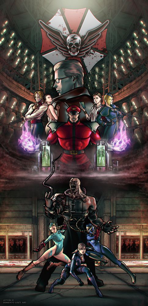 Illustration depicting various antagonistic characters from the Street Fighter and Resident Evil universe. It includes M.Bison (Dictator), Albert Wesker, Vega (Balrog), Excella Gionne, Alex Wesker and Falke as primary dominating team on the upper half of the illustration, aswell as Cammy White (Killer Bee), Battlesuit Jill Valentine, Decapre and Original Nemesis from Resident Evil 3 (1999) as the slave team. As the background we can find a combination of two sections found at the Tricell Africa Laboratory from Resident Evil 5 and in miniature form at the middle of the composition, two cryogenic capsules containing T-002 (Tyrant) and Seth from Street Fighter V and finally a merge between both Shadaloo's and Umbrella Corp's insignias, one on top of the other respectively.