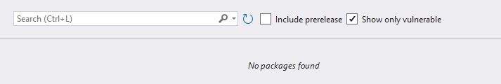 Screenshot of Visual Studio's NuGet UI where the option 'Show only vulnerable' is ticked and the search results says 'No packages found'.