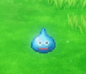 a pixel art of a blue slime standing on top of a green field .