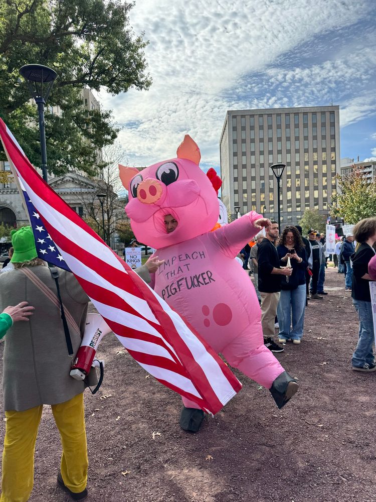 A person dressed in a blow up pig costume that says “impeach that pig fucker” with an upside down American flag nearby.