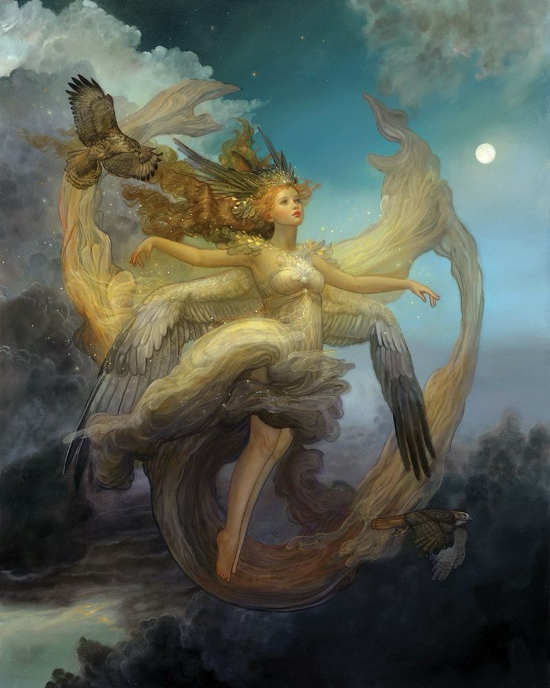 A fairy with winged feathers floating trough the night sky accompanied by falcons 
