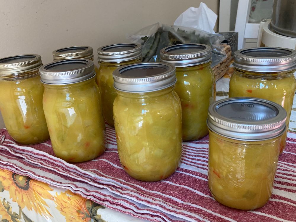 Table with 8 jars of home canned Chunky Mustard Pickles on it. Made this afternoon.  Pickles from my lovely sister’s garden.  