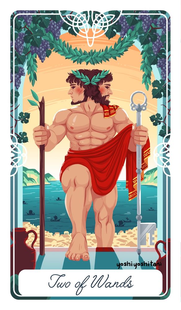 Janus as the Two of Wands from the Tarot of the Divine by Yoshi Yoshitani 