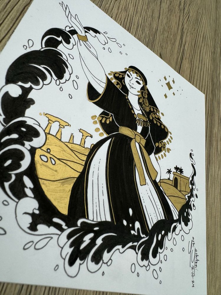 Black and gold ink Drawing inspired by the words “desert, ruins, sorceress” by Yoshi Yoshitani

A close up