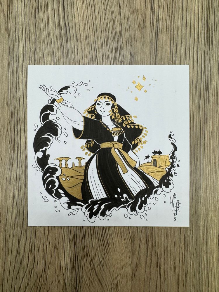 Black and gold ink Drawing inspired by the words “desert, ruins, sorceress” by Yoshi Yoshitani