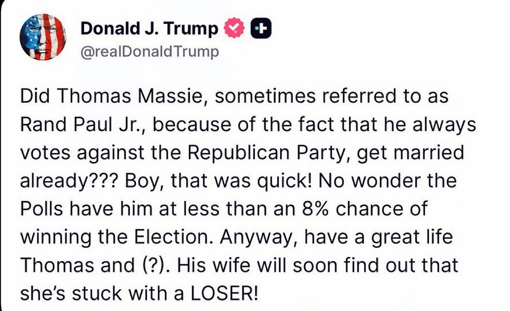 Trump attacks Thomas Massie for remarrying after his wife of 31 years died. Depraved