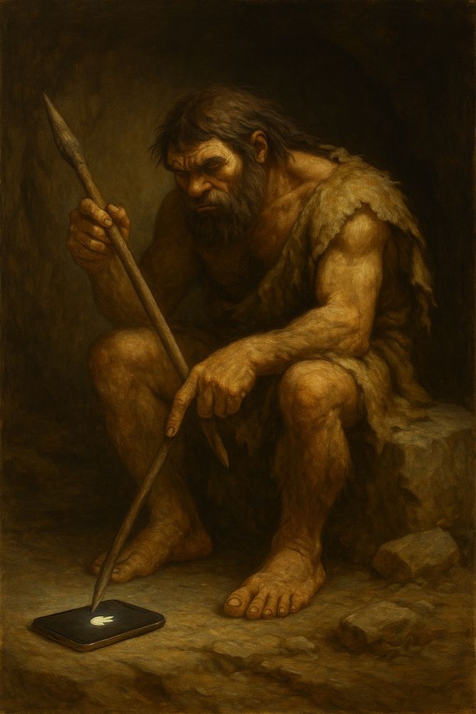A caveman in a fur garment sits on a rock, confused, poking a glowing iPhone with a spear in a dim cave. The scene contrasts primitive and modern worlds in a dramatic, Renaissance-style painting.