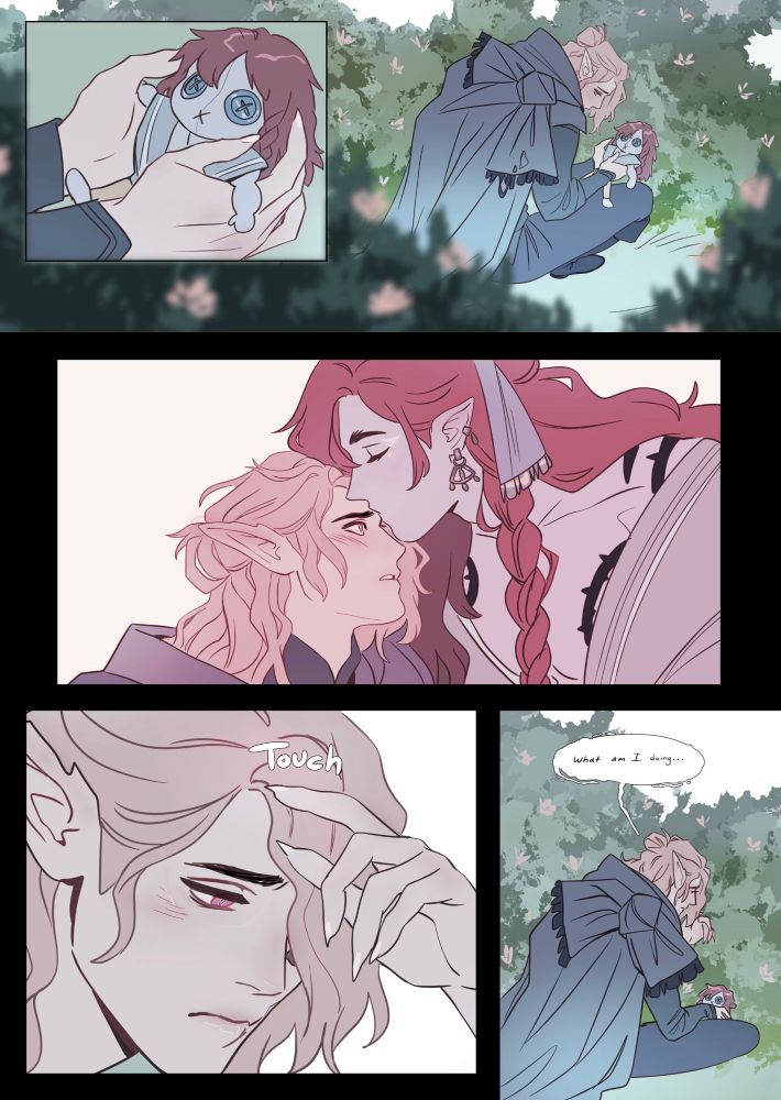 Comic depicting elvish character with pink hair named Atrox shyly remembering a forehead kiss from a red haired Goliath named Cinnabar. Atrox murmurs to himself, beating himself up over feeling affection 