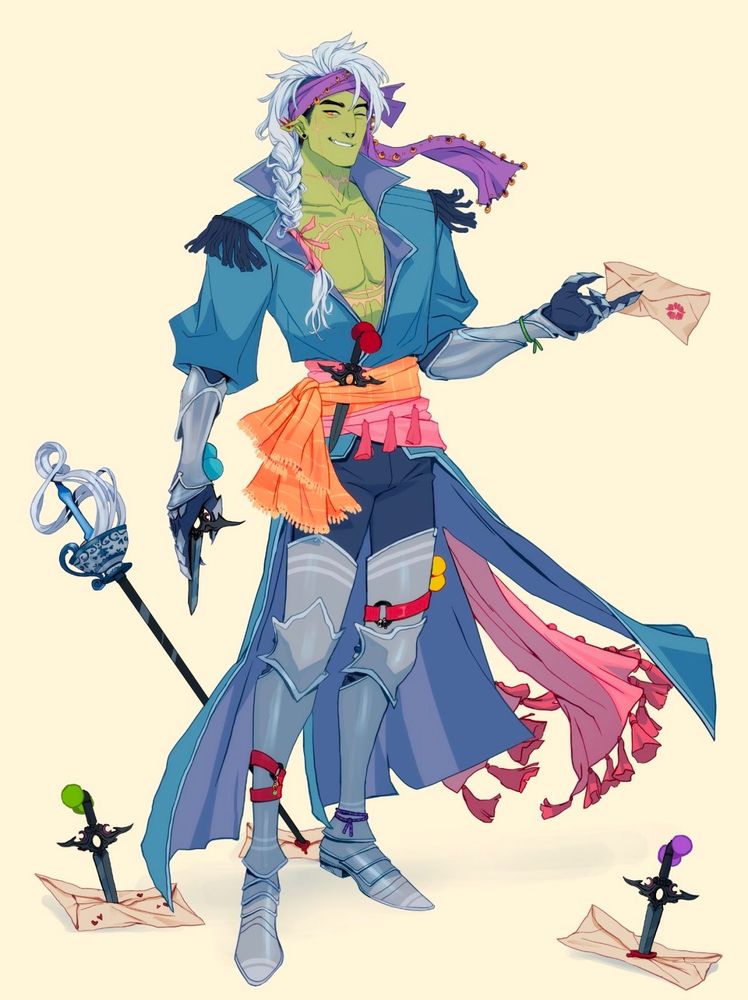 half-orc character named greyson standing with love letters and a rapier with a teacup shaped rapier behind him