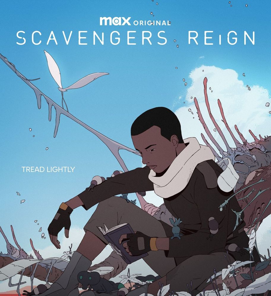 A poster from the TV show Scavengers Reign. A black woman is sat on the ground focused on reading her book in a sci fi wasteland on another planet. she's surrounded by plant matter and some smaller animals are on her arms and foot