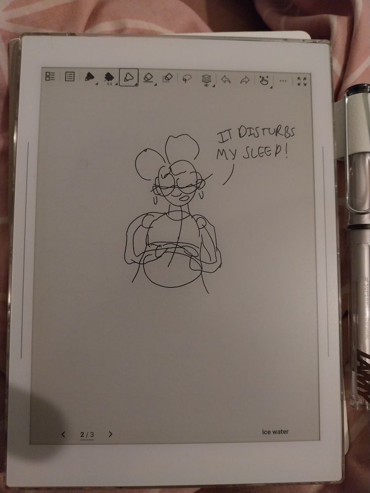 A sketch of a black person with their arms crossed saying the words 'it disturbs my sleep'. The sketch is done on a supernote tablet 