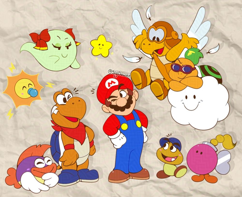 An old Paper Mario 64 drawing of Mario and his party (and Twink) all happily standing (or floating) together. The background texture is that of a crumpled up paper.

From left to right for the characters that are floating above: Watt, Lady Bow, Twink, Parakarry, and Lakilester.

From left to right for the characters that are on the ground: Sushie, Kooper, Mario, Goombario, and Bombette.