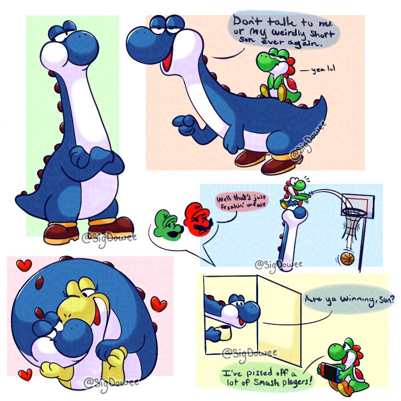 A bunch of old doodles starring Yobby, a blue Yoshi fan character that belongs to iguanamouth (tumblr), along with a few other characters:

Top left: Yobby standing with his arms crossed. He has a laidback expression, too.

Top right: Yobby pointing at someone offscreen while saying "Don't talk to me or my weirdly short son ever again." Yoshi is sitting on Yobby's back replying "yea lol" with a smug face.

Middle Right: Yoshi is sitting on top of Yobby's head as he throws a basket ball into the hoop. Mario and Luigi are also there, but their full bodies are offscreen due to the Yobby and the basketball hoop being too tall for the Bros to be seen. Their picture bubble, however, shows the Bros' faces (Luigi is confused while Mario is peeved) as Mario said "Well that's just freakin' unfair."

Bottom Left: Yobby holding hands with Yoshi's mom (the yellow Yoshi from the Shogakukan guide for Yoshi (NES)) as he curled his long neck around her. Both Yoshis are looking at each other lovingly with tiny hearts floating around them.

Bottom Right: Yobby, holding a cup of coffee, sticks his head into a room where Yoshi is seen sitting on the ground, playing a Nintendo Switch. Yobby asked "Are ya winning, son?" Yoshi happily replied with "I've pissed off a lot of Smash players!"