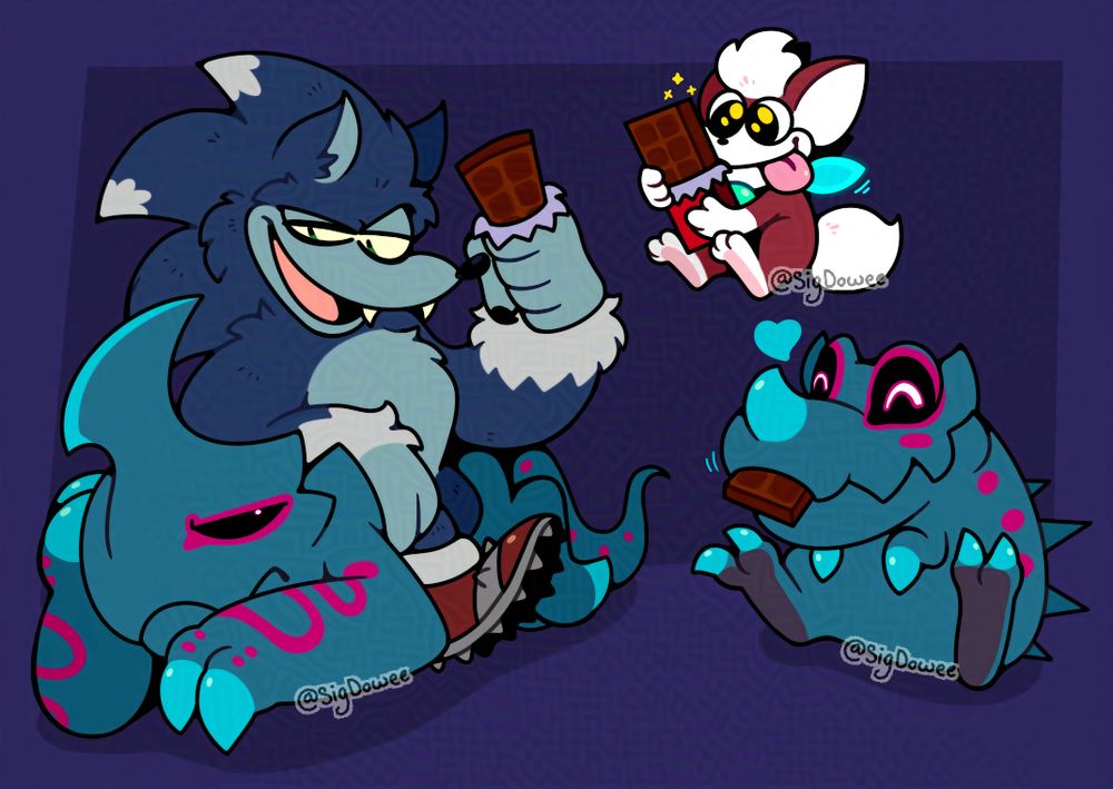 A drawing of characters from Sonic Unleashed. Sonic the Werehog is sitting on top of a Dark Gaia's minion, Nightmare, as he, Chip (Light Gaia), and another Dark Gaia's minion, Rex, are enjoying some chocolate. Sonic is smirking down at the Nightmare as the minion itself has an annoyed look on its face. Chip stares at his own chocolate in awe and hunger while the Rex is munching on its chocolate, happily.