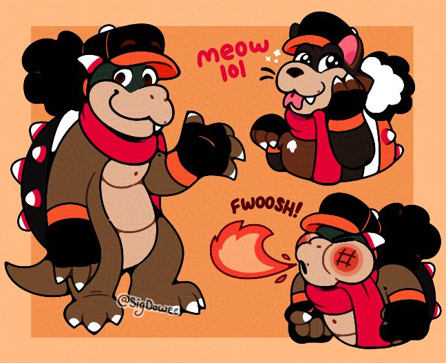 Three doodles of my Koopa-sona, Sig Koopa (or Dowee Koopa I dunno)! My Koopa-sona here has a darker skin tone and a black shell (similar to Morton Koopa Jr). She wears a black hat with an orange brim, a black fingerless gloves also with orange cuffs, and a hot pink scarf. She also has an afro puff tied behind the back of her head, one canine tooth poking out of her mouth (on the left side), and three spots on her body (on the chest, near the left side of the lips, and on the left upper arm).

Left doodle is just my Koopa-sona standing with her left arm hanging up as she smiles at the viewer.

Top right doodle is my Koopa-sona in her "Meowser"/cat form after using the Super Bell powerup. She looks at the viewer, making a cutesy face while saying "Meow lol".

Bottom right doodle is my Koopa-sona breathing fire with text above saying "FWOOSH!"