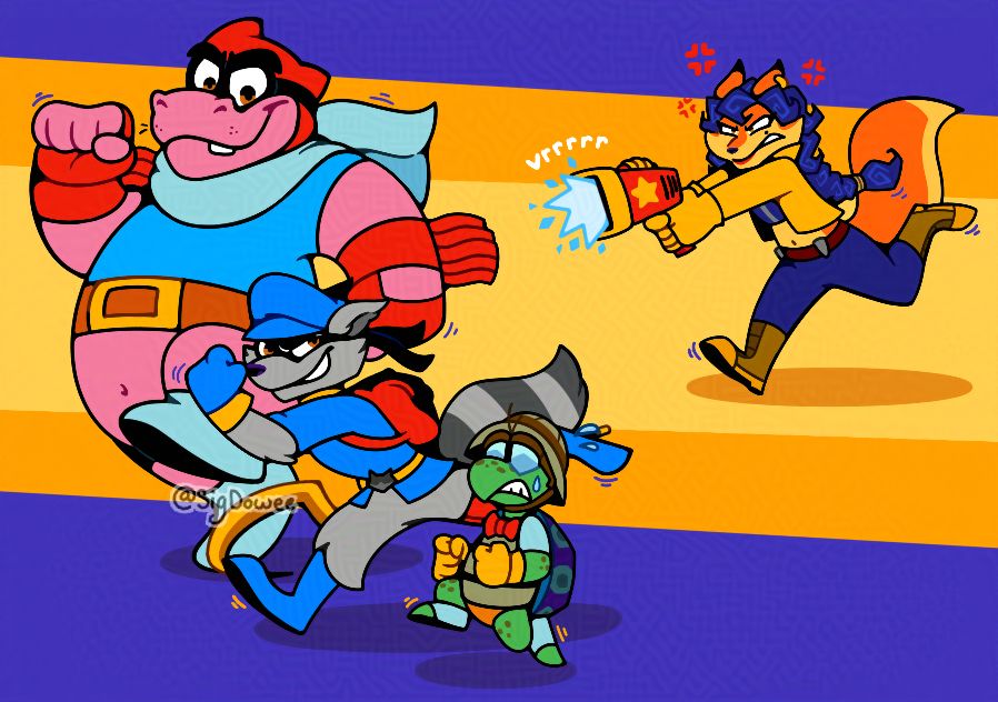 A Sly Cooper drawing of the Cooper Gang (Sly, Bentley, and Murray) running as they are being chased by Inspector Carmelita Fox. Sly and Murray have smug and determined expressions while Bentley's is anxious. Carmelita has an angry expression while aiming and charging up her shock pistol at the gang.