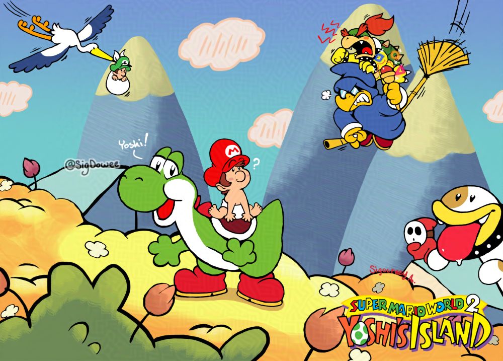An old Yoshi's Island art piece I've made back in 2021. The art was styled after the SNES Yoshi's Island art style (crayon-like lineart, colors and shading effects looking similar to a coloring/picture book), especially one of those old official Yoshi's Island wallpapers. The background is based on the Flower Garden from Yoshi's Island as well.
The characters shown here are:

Yoshi and Baby Mario who are in the middle of this picture. Yoshi is posing while saying "Yoshi!", happily. Baby Mario is on Yoshi's Island, looking at the world around him in curiosity.

On the top left side of the picture is the Stork swooping down from the sky carrying Baby Luigi in its beak. 

The top right side has Kamek and Baby Bowser also swooping down on Kamek's magic broom. Kamek has an frustrated expression as he's about to cast a magic spell from his wand while Baby Bowser is on top of Kamek's head, angrily yelling and shaking his fist. 

Bottom right has Poochy and Shy Guy peeking from behind a rock. Poochy is slobbering happily while Shy Guy stares in intrigue.
