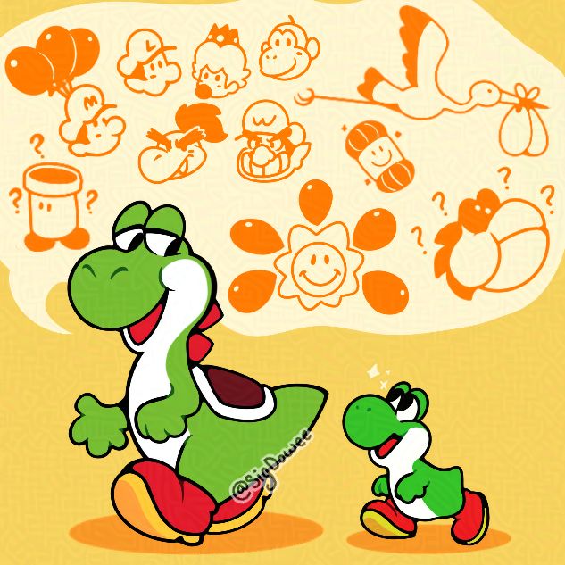 The young adult (classic) Yoshi telling his adventures to Baby (modern) Yoshi.

Mario/Yoshi games references that take place in the past:

The babies (Yoshi's Island DS) 
Baby Mario with the balloons (Touch & Go) 
Stork (Yoshi's Island) 
Mr. Pipe (Yoshi's New Island) 
Dream Gems (Yoshi Crafted World) 
Wonder Wool (Yoshi Wooly World) 
Yoob (Mario & Luigi: Partners in Time)