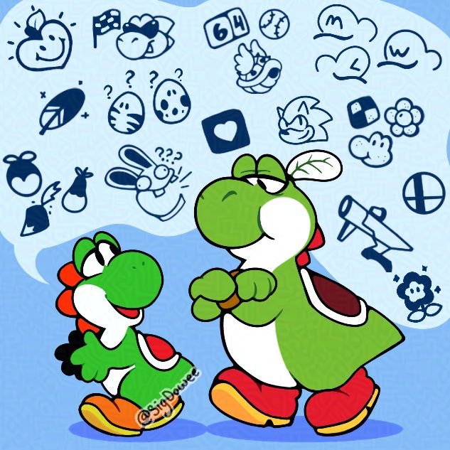 Modern Yoshi, who is now a young adult, telling his adventures and events to the Classic Yoshi, who is now an elder (aka the Village Leader/Chief Yoshi).

Mario/Yoshi game references that take place in the present (with the exception of the Yoshi Story heart fruit which takes place in the past):

Cape Feather (Super Mario World) 
Boshi (SMRPG) 
Dice Block (Mario Party series) 
Spiny Blue Shell (Mario Kart Series)
Baseball (Mario Sports spin-offs) 
Plumber hats (SM64DS)
Egglings (Yoshi Topsy Turvy) 
Panel Block (Tetris Attack)
Sonic (Mario & Sonic at the Olympic Games)
Yoshi's Cookies
Smash Ball (Super Smash Bros series) 
Super Mario Galaxy 2 fruits 
Rabbids (Mario & Rabbids)
Super Scope (Yoshi's Safari)
Wonder Flower (Super Mario Bros Wonder)