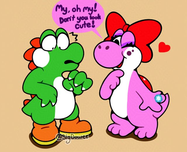 A drawing of Yoshi and Birdo but their species are swapped. Yoshi is now a green Birdo with orange shoes while Birdo is a pink Yoshi with the red bow. 

Yoshi is shocked by this transformation while Birdo, on the other hand, is smitten with Yoshi's new look as she comments "My, oh my! Don't you look cute!" 